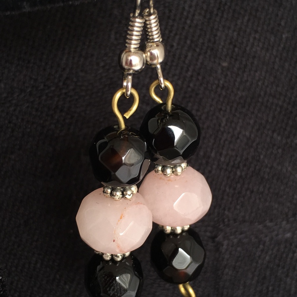 New Handmade Rose Quarts Black Onyx Earrings